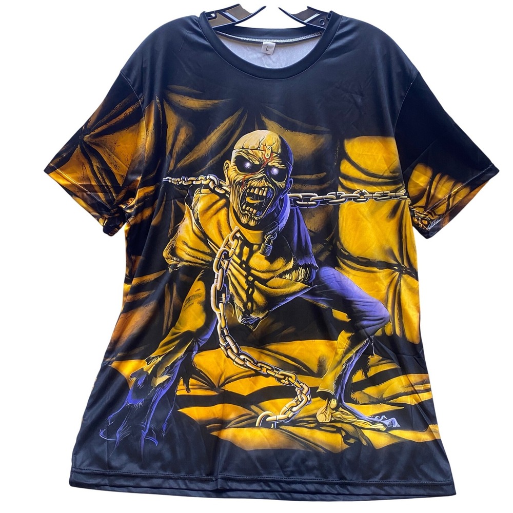 Iron‎ Maiden Shirt Mens Large Eddie Horror Skull Stretchy Chains AOP NWOT